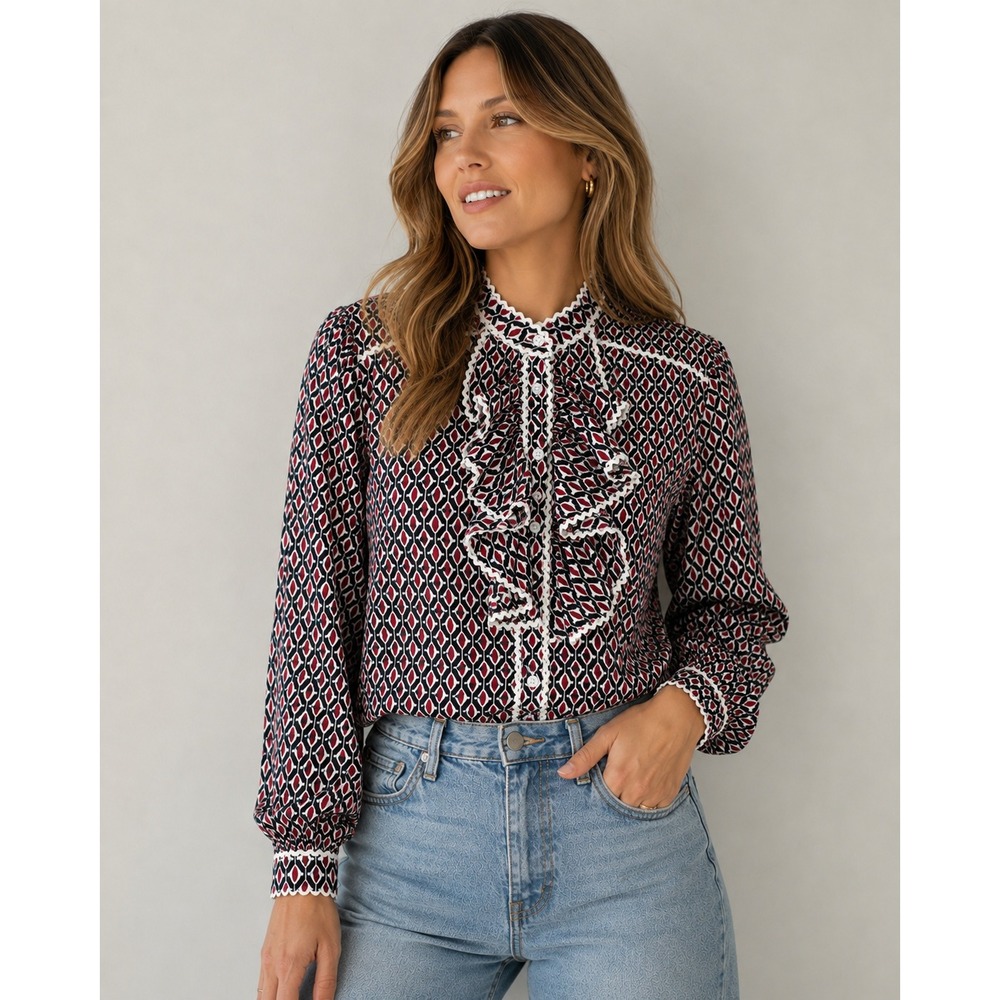 The Shirt Rochelle Behrens Geometric Ruffle Blouse Navy Red Cotton Linen Small